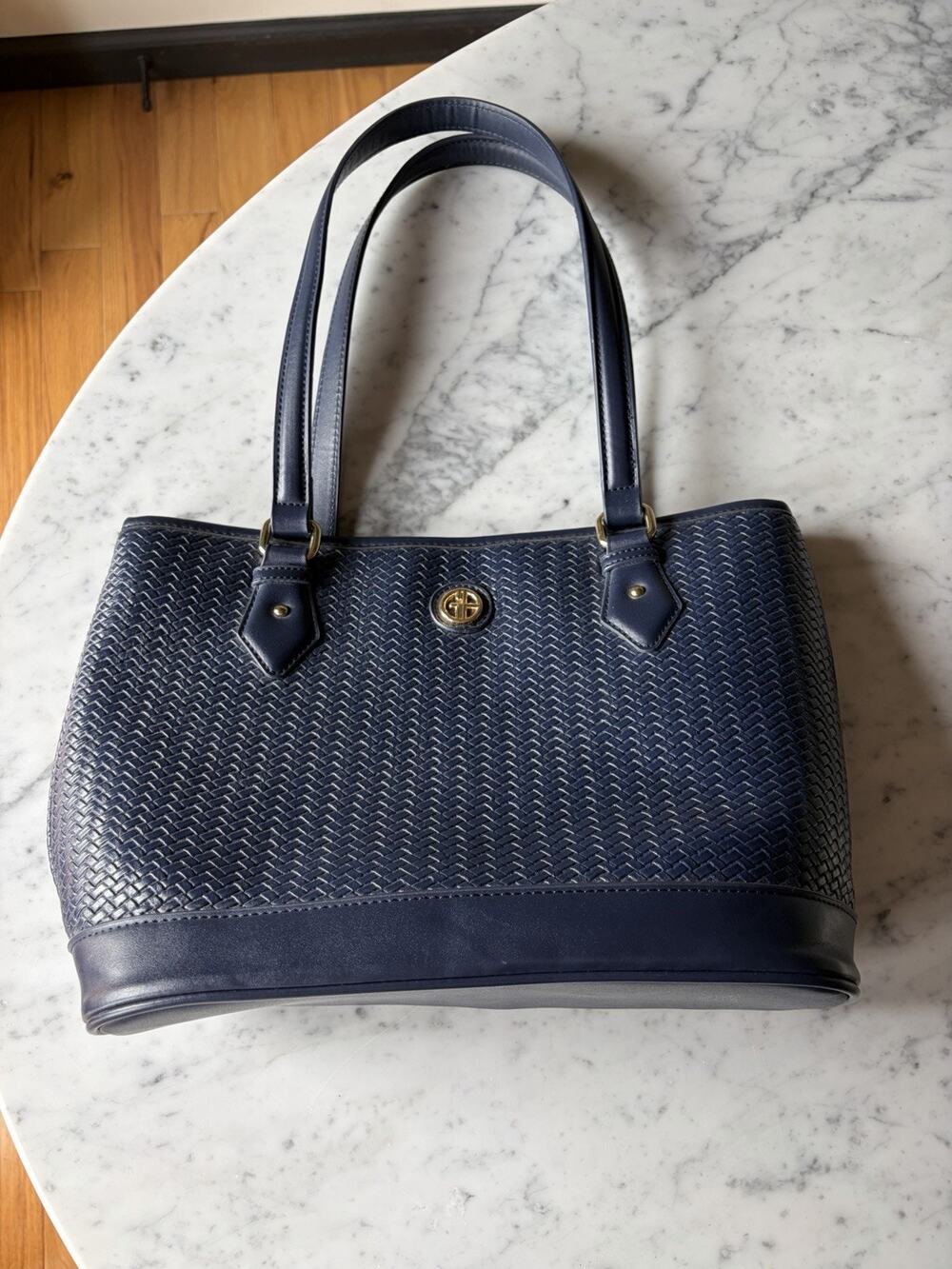 Giani Bernini Navy Woven Tote Bag Gold Hardware Logo Zip/Magnetic Double Handles